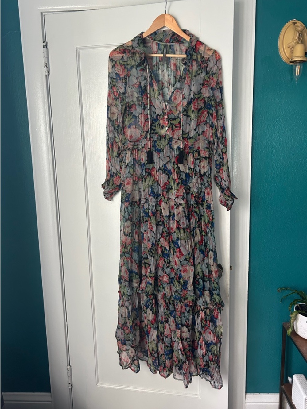 Anthropologie Floral Tiered Sheer Maxi Dress - Navy, Pink, Green